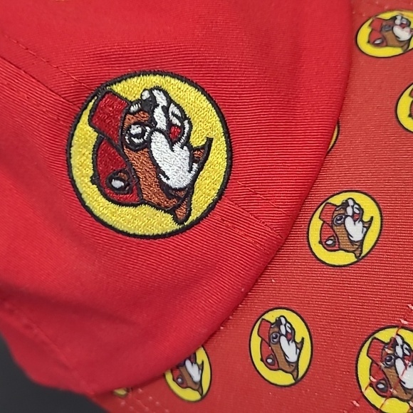 Buc-ees Beaver All Over Logo Print Embroidered UPF 50+ Youth Red Yellow Hat Cap - Picture 6 of 16